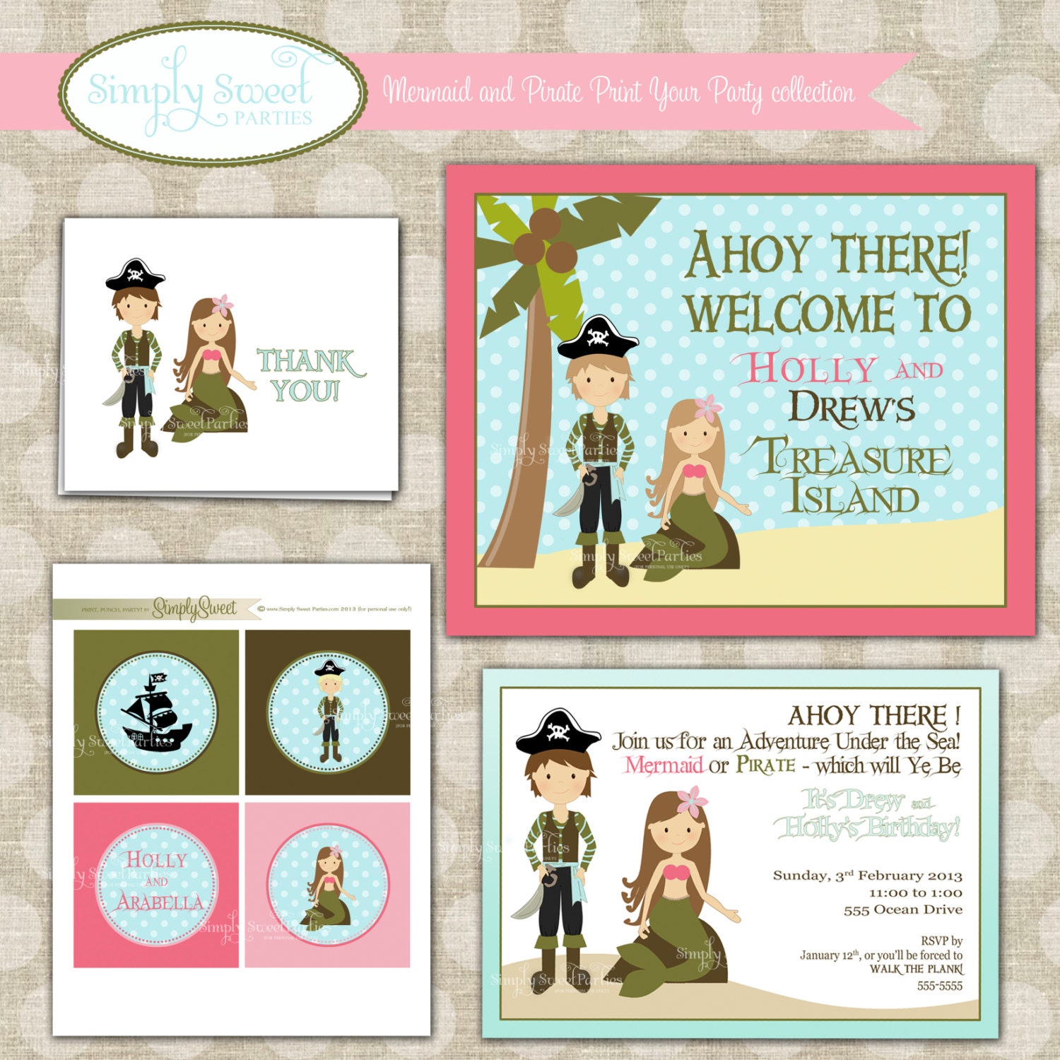 Pirates & Mermaids Birthday Party Package- Printable PDF files Il_570xn
