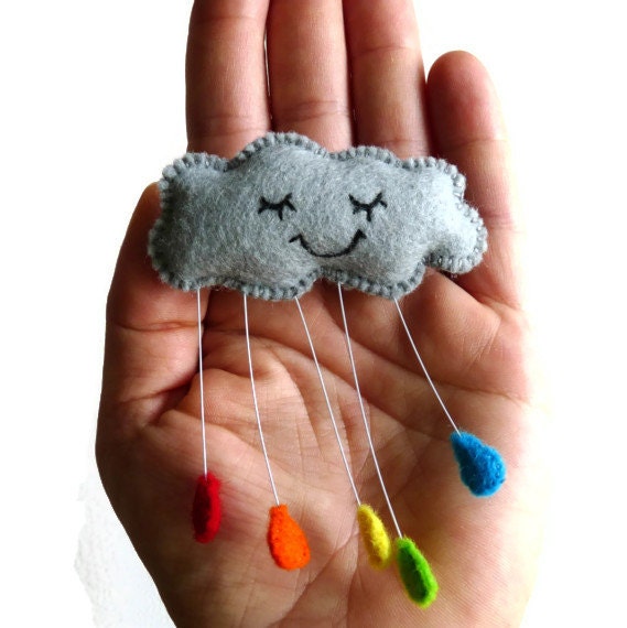 Grey Rain Cloud Felt Brooch with Rainbow Raindrops Sleepy Contented Cloud Brooch