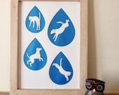 Raining Cats and Dogs Screen print poster by hello DODO Rain Weather Sparkly Blue