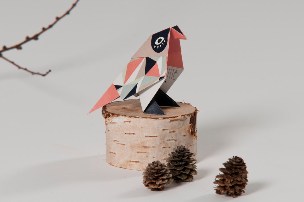 Pack of three origami Birds with pattern print, packed, Rose, Blue, Beige