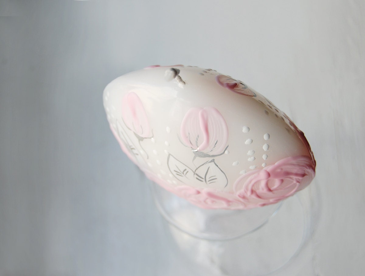 Hand Painted Candle Discus Pink Roses - Wedding Decor - Spring Candles