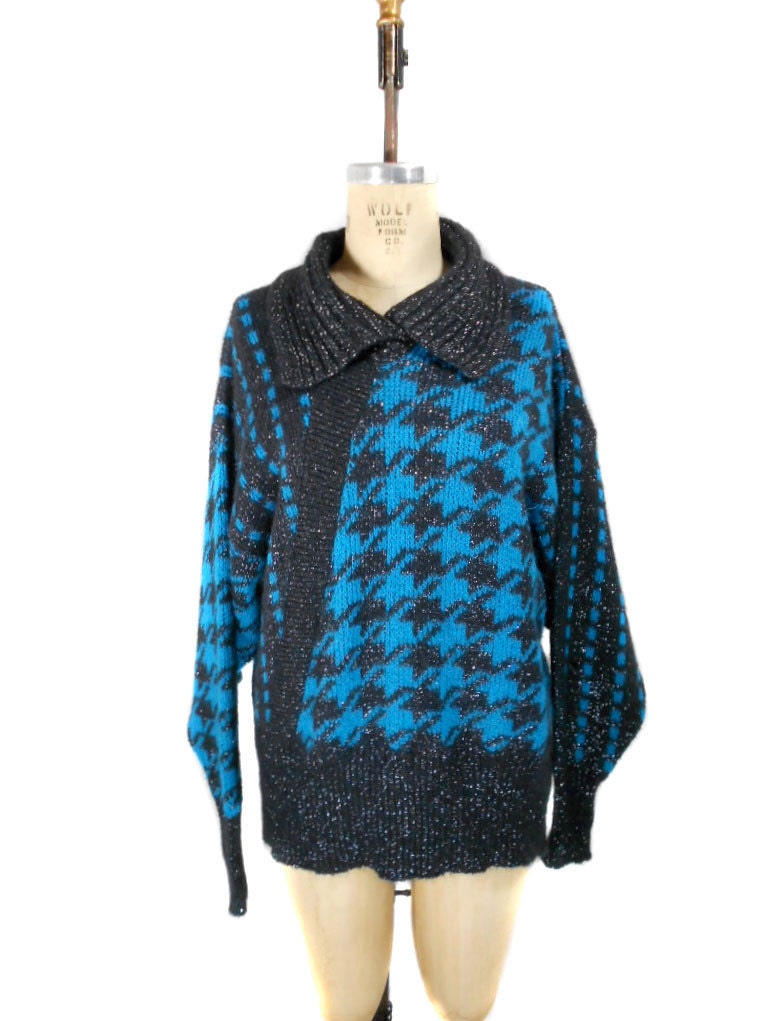 1980s Jaeger Houndstooth Sweater - Black Teal Silver - Metallic Lurex Knit - Collared Pullover Sweater -  Oversized Sweater - Size Large