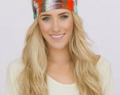 Feather Headband Wide Chiffon Bohemian Hippie Head Wrap in Browns, Teals, and Oranges Hair Accessories (HB-WDE100D)