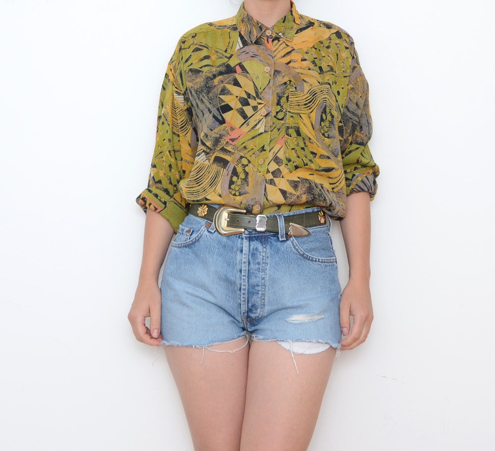 Vintage olive green 80s 90s women long sleeve sheer shirt / small medium