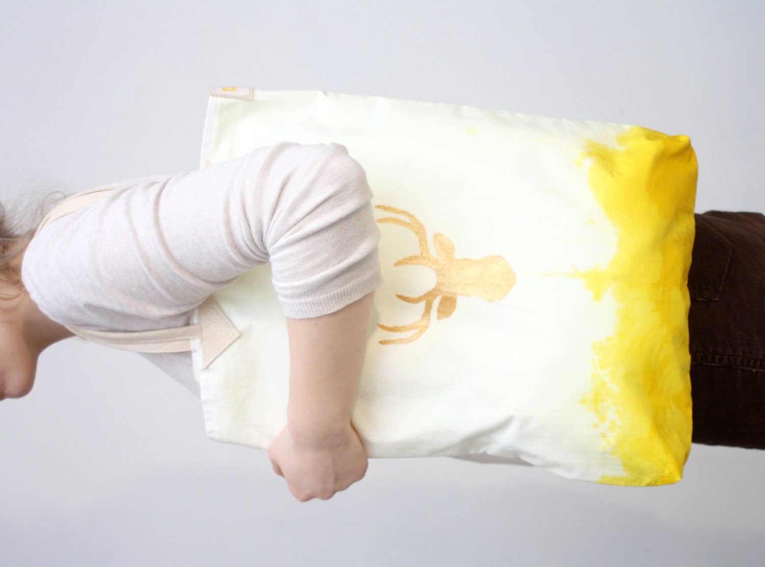 YELLOW/ Over sized tie dyed cotton tote bag with print
