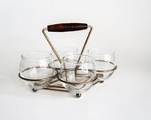 Mid-Century Cocktail Glass Caddy.  4 Cocktail glasses. Teak handle. Gold tone metal.
