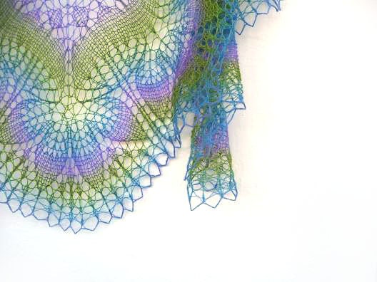 Lilac hand knit  lace shawl - purple, blue, green spring