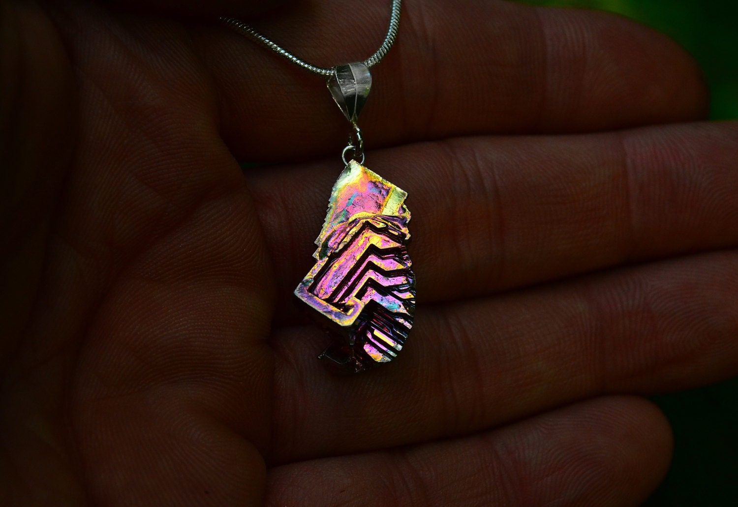 Burning Feather, Iridescent Bismuth Metal Crystal and Sterling Silver Pendant on a Silver Plated or Leather Necklace, Jewelry