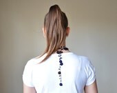 Handmade Crochet Black Necklace, Coral Red and Blue Beads, Oya, Beadwork