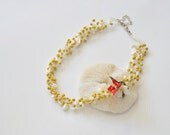 Handmade Cream Nacre Natural Stone and Yellow Beads, Red and Cream Flowers Crochet Necklace, Beadwork, For Wedding, For Bridesmaid