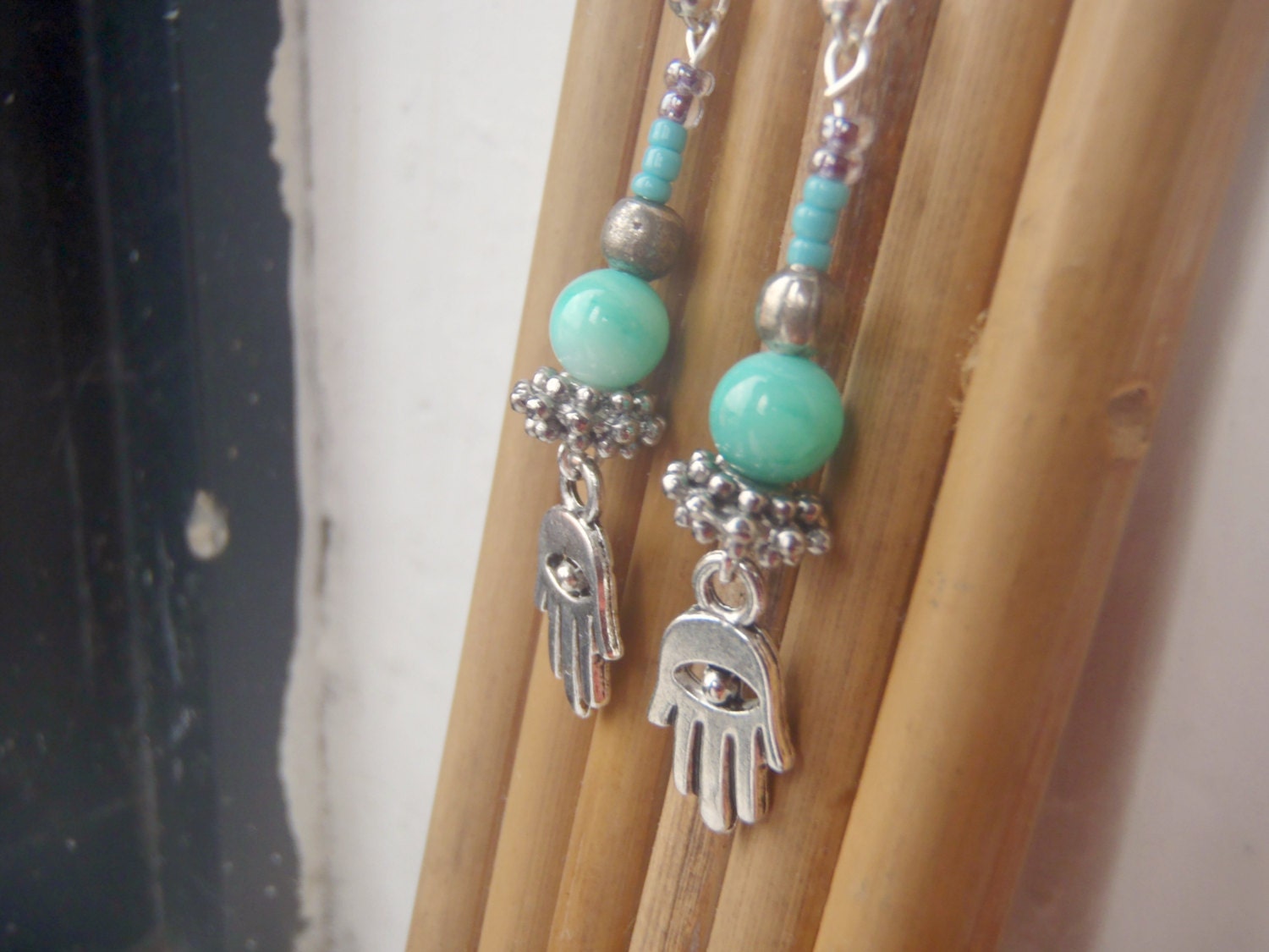 Aqua shell earrings with Hand of Hamsa / Fatima Amulet and Bali spacers