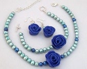 Rose Jewellery Set with  Blue Roses & Aqua Freshwater Pearls, Bridesmaid, Wedding Jewelry, Bridal Jewellery, Blue Wedding, Mother of Bride