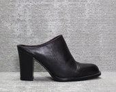 Vtg 80s Black Leather Mules Clogs Minimalist Heel Shoes 7 M