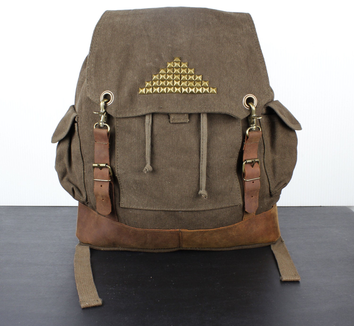 Studded Vintage Rucksack Brown Canvas with Leather Accents - Free Shipping