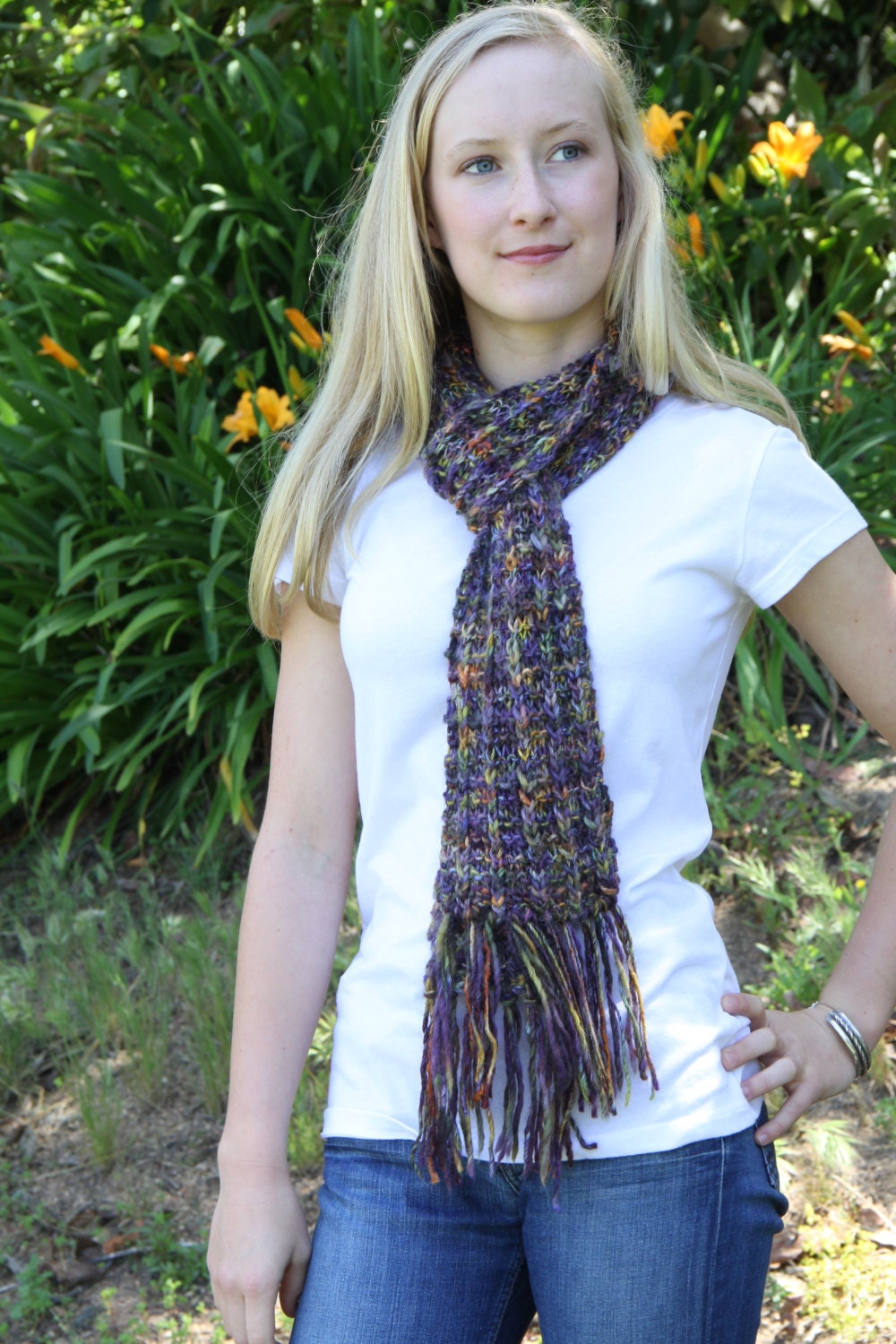 Hand Knit Scarf, Purple Knit Scarf, Multicolor Long Scarf, Women's Hand Knit Scarf, Accessory, Fall Scarf, Warm Winter Scarf, Wool Scarf