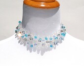 Silver Beaded Wire Choker Necklace with Blue Silver Aqua Sapphire Glass Beads
