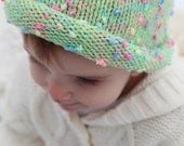 Green & pink baby hat, blue, knitting, babies, winter accessory, warm, cute, rainbow, spring colors.