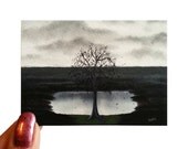 Tree Pond ACEO Oil Painting Giclee Print Fine Art Archival Original Black Grey Storm Cloudy Nature Gray Grey Landscape Small Miniature