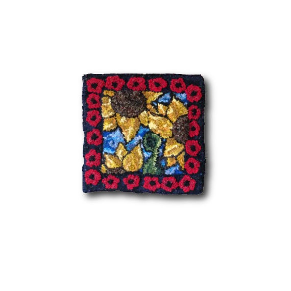 3D Art - Hand Hooked Art, Wall Hanging, Fiber Art, Rug Hooking, Hooked Rug, Home Office Decor, Textured Art  - "Poppy Framed Sunflowers"