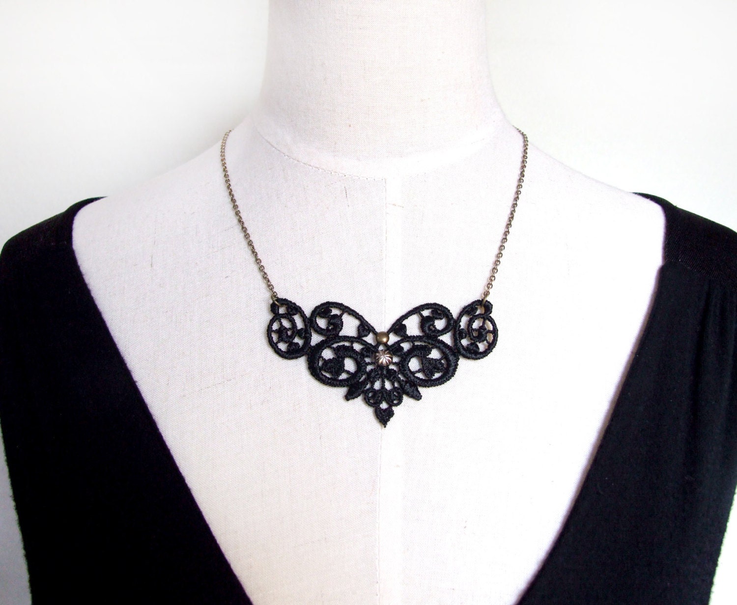 SALE steampunk black gothic lace necklace charm pendant vintage chain beaded medieval women jewelry gift handmade