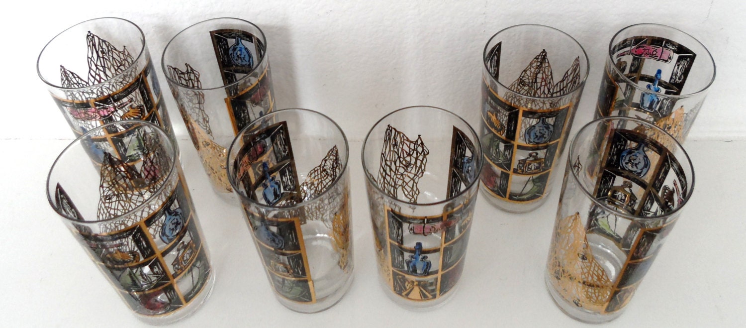 Set of 8 Gold Nautical Sea Glasses Brass Caddy MID MOD TEAM