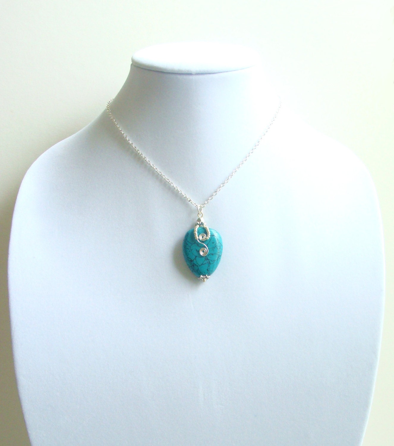 Polymer Clay Faux Turquoise Almond shaped Choker Necklace With Wrapped Silver Wire and Multi Facteted Silver Metallic Bead