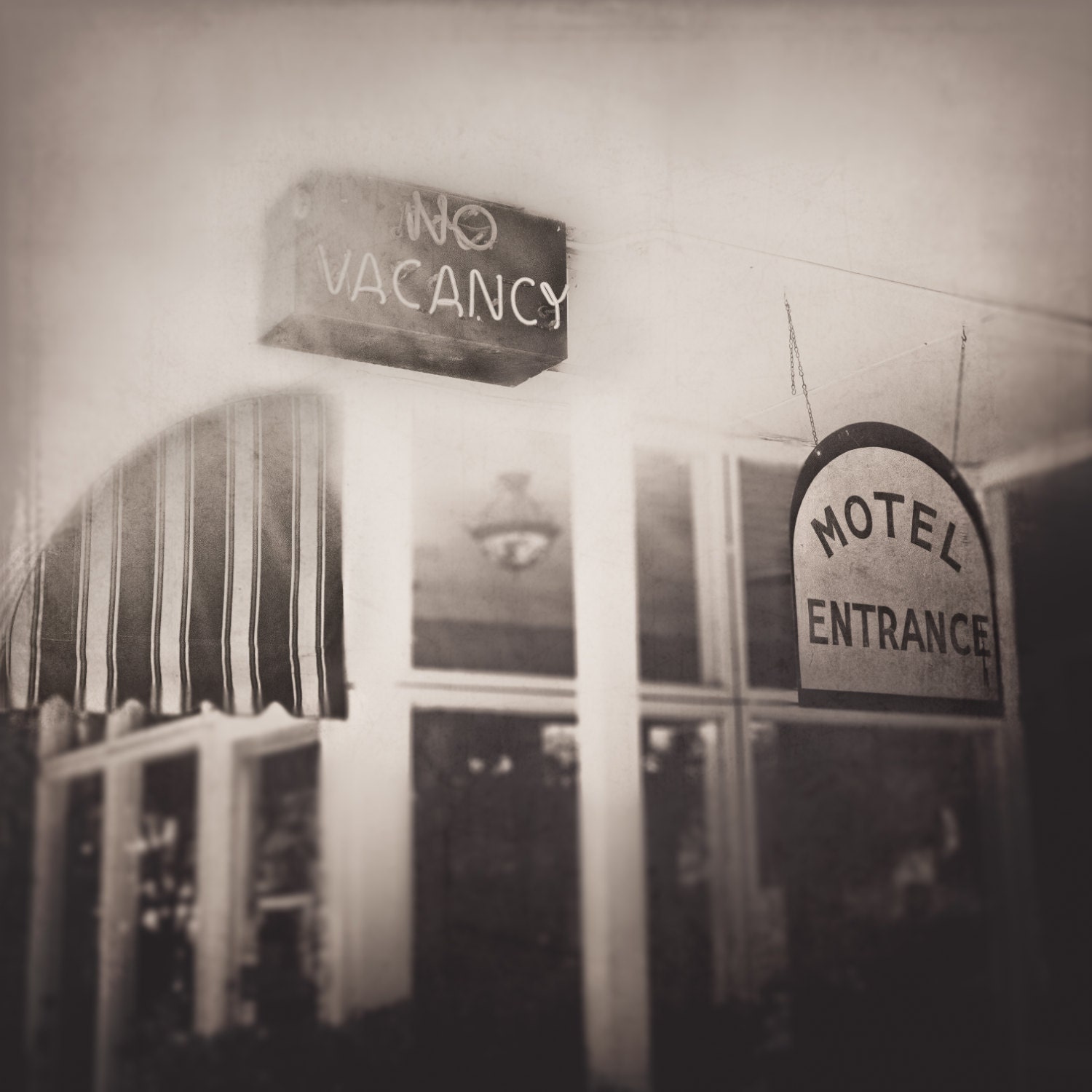 Nostalgic Motel Photograph - Vacancy Sign, Monochrome Photography, Vintage Art, Travel, Fine Art Photography, 8x8 Print