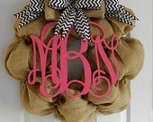 Burlap Front Door Wreath With Bow and Monogram Initials - Chevron Ribbon