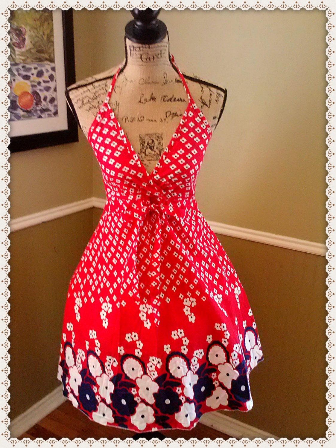 vintage sun dress red/white/blue halter dress. 4th of July, day dress, summer dress,  full skirt size small
