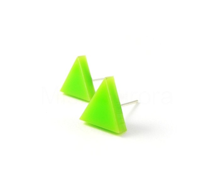 Neon Green Triangle Stud Earrings - Lime Green Earrings - Neon Jewelry - Geometric Jewelry