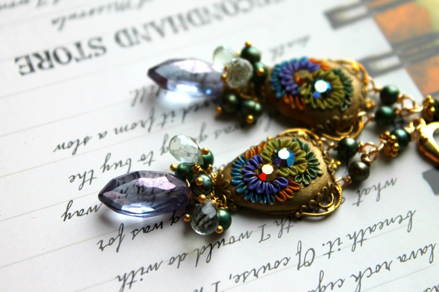 Mystic purple Blue Quartz,pine green pearls, prasiolite, gold earrings with vintage filigree and clay floral details - A Posy of Periwinkles