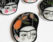 Frida brooch plastic orange black and girl pin - Frida Kahlo