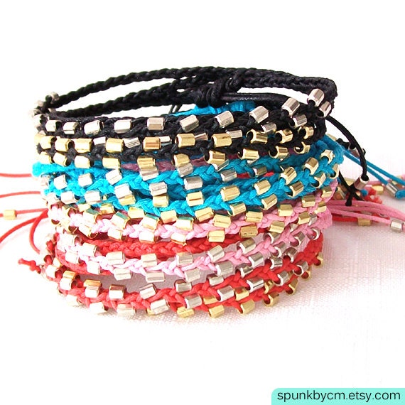 Braided Cotton Cord with Brass Triple Wrap Bracelet - Gold, Silver, Black, Turquoise, Pink, Red - Set of 2
