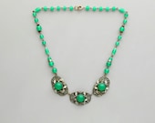 Art Deco Necklace. Chrysoprase Green Glass. Wired Geometric Chain. Floral.