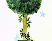 Garden Topiary Watercolor Painting Woodland Fairy Dragonfly Original Illustration by Laurie Rohner