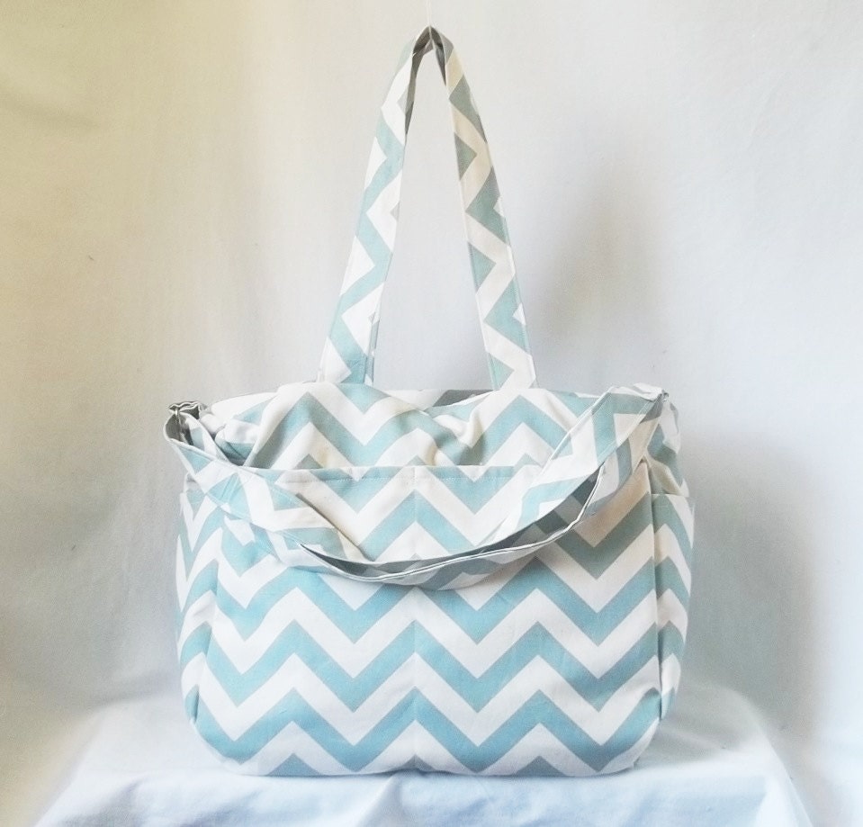 Chevron diaper bag with zippered closure - Natural and Blue zig zag medium weekender -Made to Order