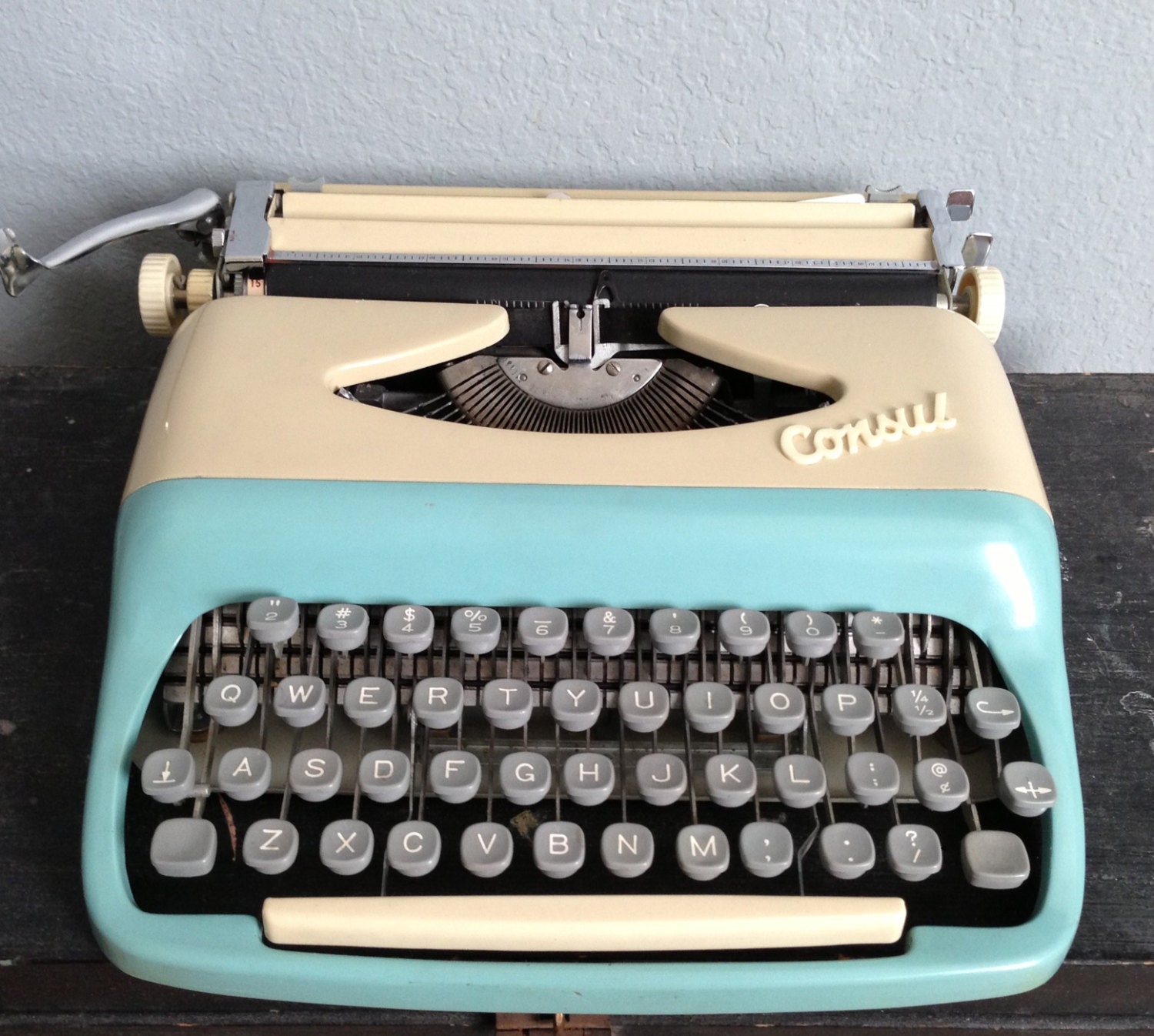 Vintage Antique Rare Robin Eggs Blue and Yellow Consul Portable Travel Typewriter with Carrying Case.   Model 1531.  Czechoslovakia.