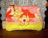 Handmade Pouch from Vintage Floral Cotton and Yellow Linen Fabric, Vintage Trims and Flower Applique, Zipper Closure, Lined with Pocket
