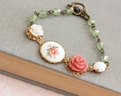 Pink Rose Bracelet, White Rose Cameo, Mint Green Glass Beads, Beaded Cuff, Vintage Flower Cameo, Shabby Chic Spring, Vintage Style Jewelry