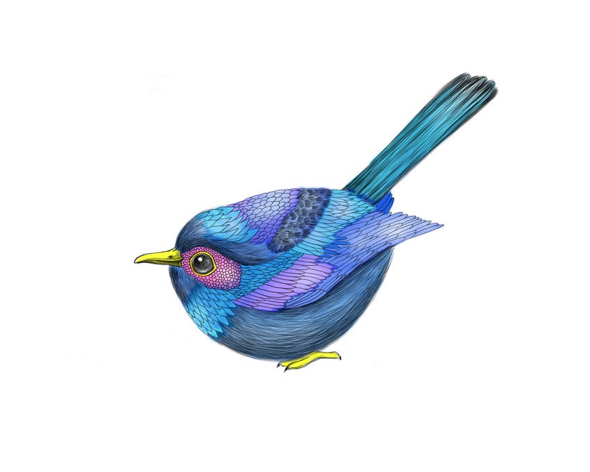 Tiny blue bird - animal watercolor art print, size 10x8