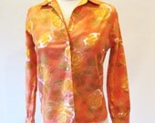 60s Orange Shirt /  Cotton 1960s Blouse / 1960 Long Sleeve Top