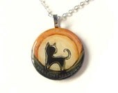 Black Cat Art Pendant Necklace, Hand Painted Jewelry, Sunrise Painting, Sunset Picture, Circle Pendant, Wood Jewellery