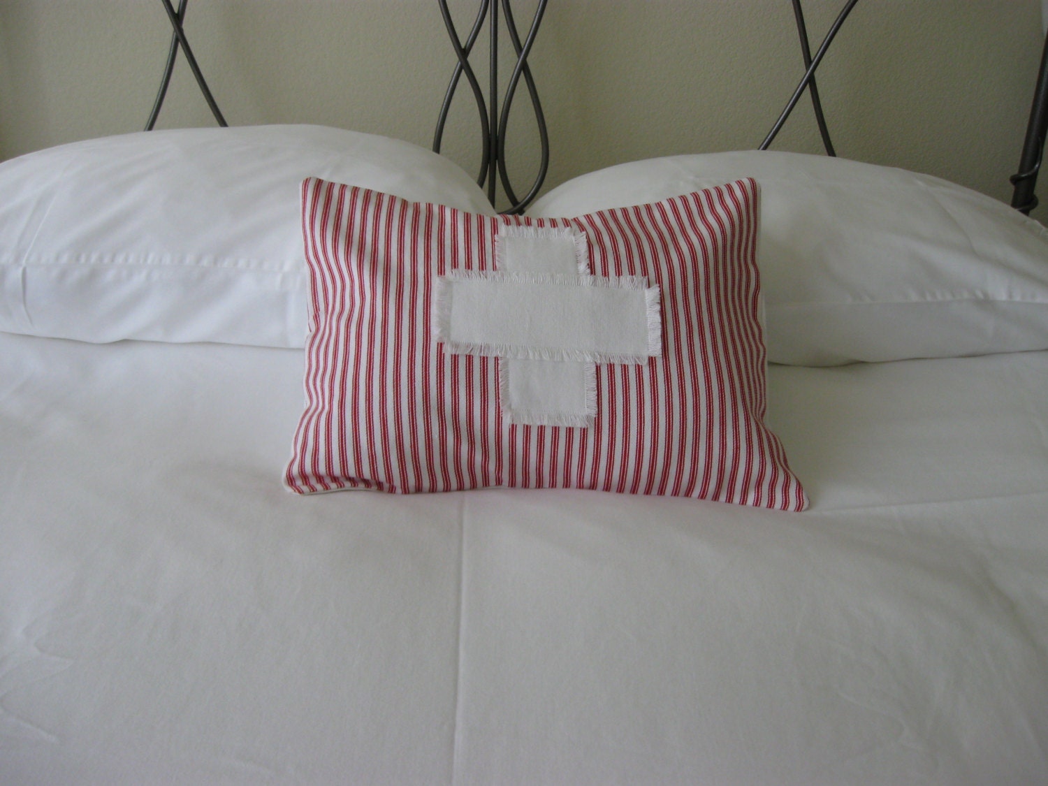 12-1/2" x 16-1/2" Decorative Pillow Cover in Red and White Ticking with White Cross