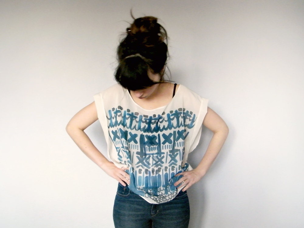 Pastel Geometric Sheer Blouse - Ivory Chiffon Oversized Tunic Top Ombre Blue Print Inverted Cross Hippie Boho Gypsy Inspired Tee Shirt