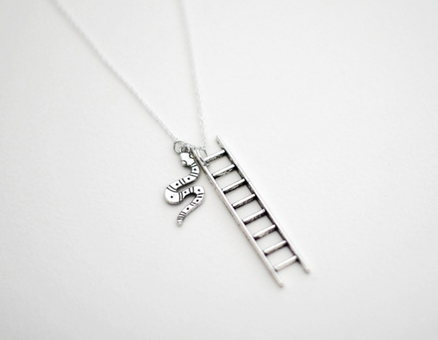 Snakes and Ladders Necklace-  Long Silver Ladder Charm- Serpent Jewelry- Fun Family Games- Gift Ideas Under 20