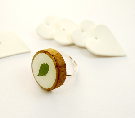 Pressed Leaf Wood Ring - handmade flower jewelry