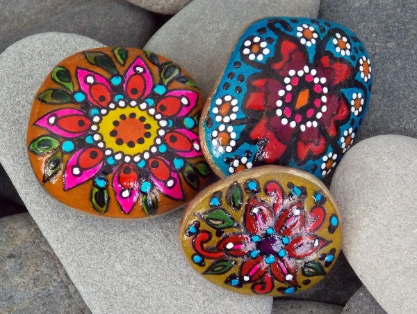 Rock Garden Series Boho / Painted Rocks Set / Sandi Pike Foundas / Cape Cod Sea Stones