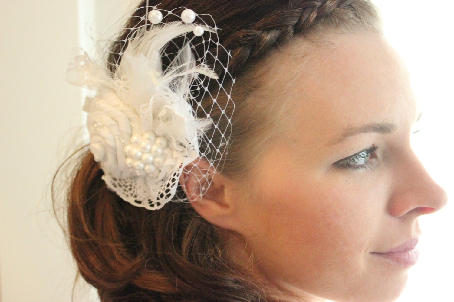 White Hand Rolled Fabric Rose Bead and Lace Hair Fascinator Bridal Hair Clip 1902