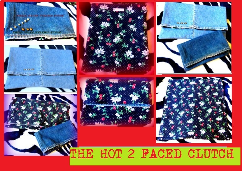 THE HOT 2 faced CLUTCH-Large Foldable Denim Cherries Customize it Studs, Bleached, Size, Color, Splatter, One of a Kind from Recycled Denim