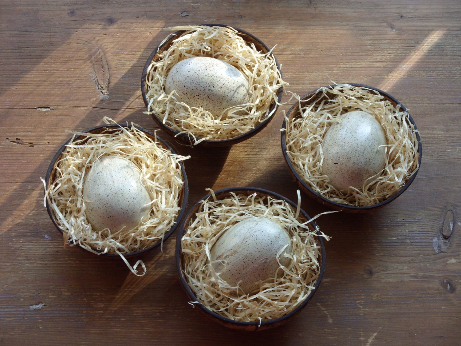 Holiday, Easter Home Decor, Clay Egg, Hand Painted, in Coconut Nesting Bowl, Rustic, Waldorf